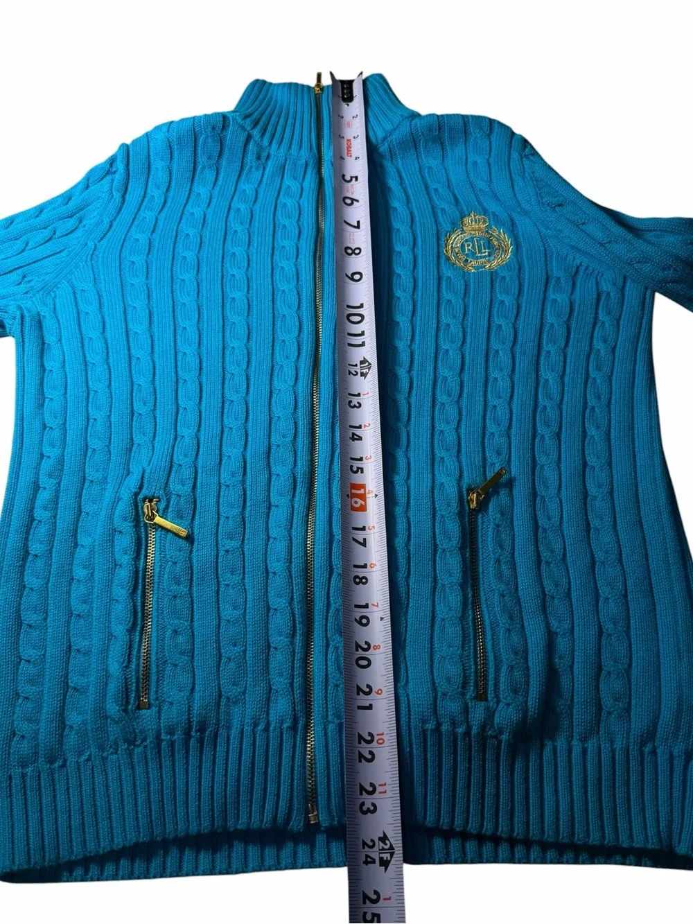 Lauren Ralph Lauren ~Woman Size S~ Teal Cable Knit Zip Up Jacket Sweater w/Logo